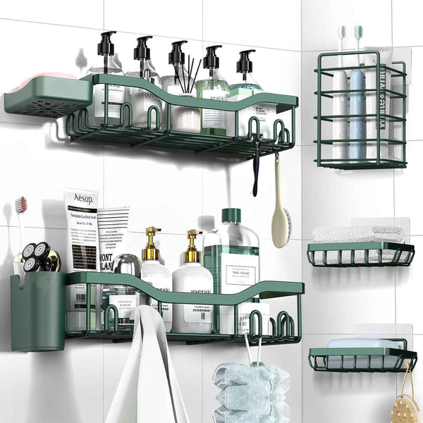 Shower Caddy Adhesive Shower Organizer 7-Pack, Rustproof Stainless Steel Bathroom Shelves, Large Capacity No-Drill Rack Storage Accessories with Soap Dish Toothbrush Holder &24 Hooks Home Decor