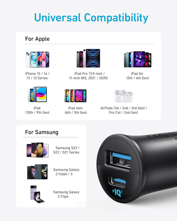 Anker 30W 2-Port USB-C Car Charger for iPhone and Samsung