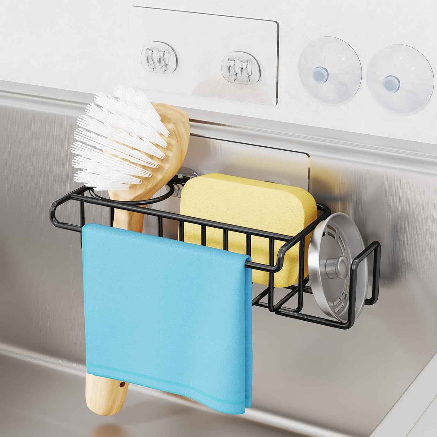 HapiRm 4 in 1 Sink Caddy Sponge Holder, SUS304 Stainless Steel Kitchen Brush Holder + Dish Cloth Hanger + Soap Rack + Sink Stopper Rack + Sponge Caddy for Kitchen - Silver