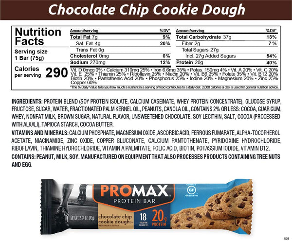 Promax Chocolate Chip Cookie Dough Protein Bar, 20g Protein, Gluten Free, 12 Count
