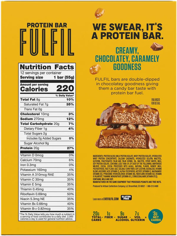 FULFIL Chocolate Salted Caramel Flavored Protein Bars, 12 Count, Gluten Free