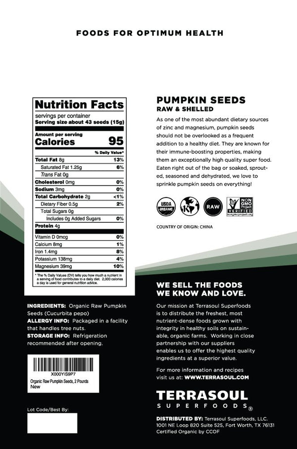 Terrasoul Superfoods Organic Pumpkin Seeds, 2 Lbs - Shelled, Raw, Unsalted, Premium Quality