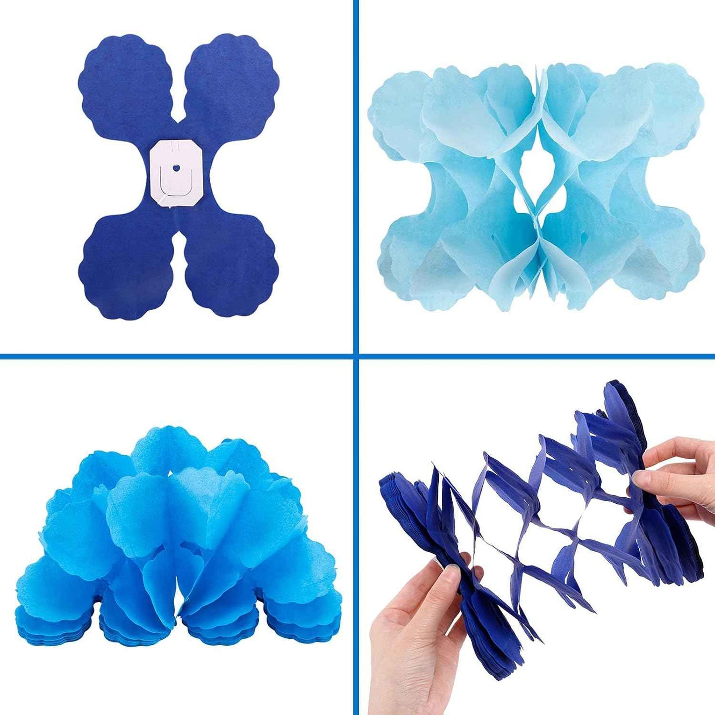 RUBFAC 6pcs Four-Leaf Clover Garland Party Blue and White Streamers Tissue Paper Hanging Flower Garland for Frozen Party Baby Shower Decoration