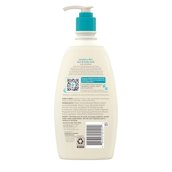 aveeno kids face & body wash for sensitive skin, oat extract, 18 fl oz