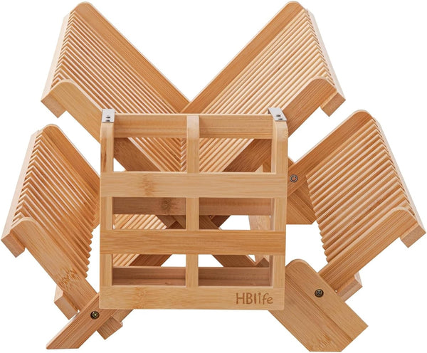 Bamboo Folding 2-Tier Collapsible Dish Rack with Utensil Holder Set