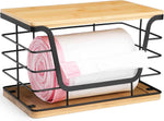 ALOCEO 2 Pack Storage Stackable Kitchen Laundry Organizers with Bamboo Top, Large Trash Bag Holder and Small Garbage Bag Dispenser for Countertop Organization