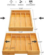 Bamboo kitchen drawer organizer for cutlery and utensils, adjustable and expandable
