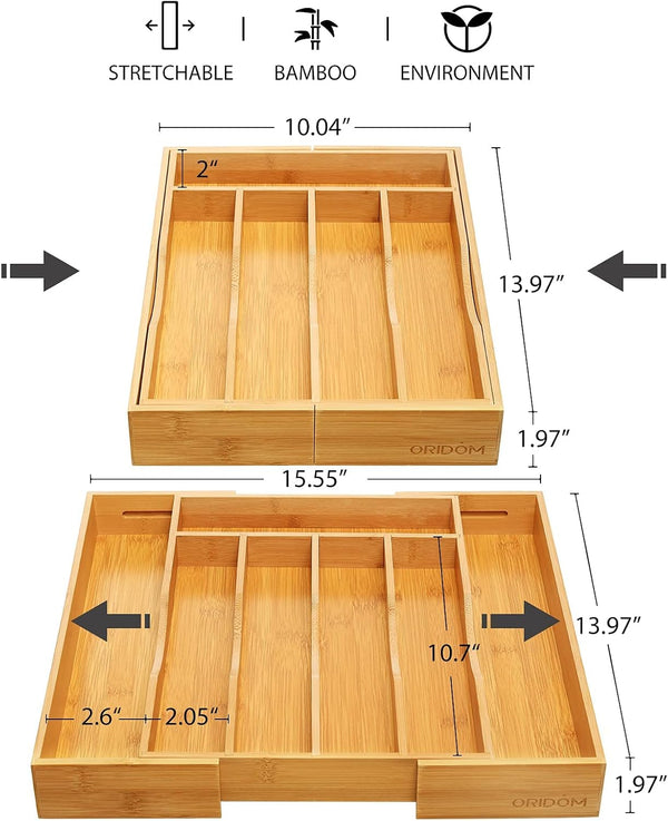 Bamboo kitchen drawer organizer for cutlery and utensils, adjustable and expandable