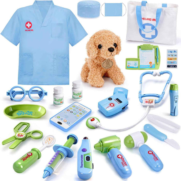 Meland Toy Doctor Kit for Girls, Pretend Play Toy Doctor Set with Dog , Carrying Bag, Stethoscope & Dress Up Costume Gift for Kids Toddlers Ages 3 4 5 6 Year Old for Role Play