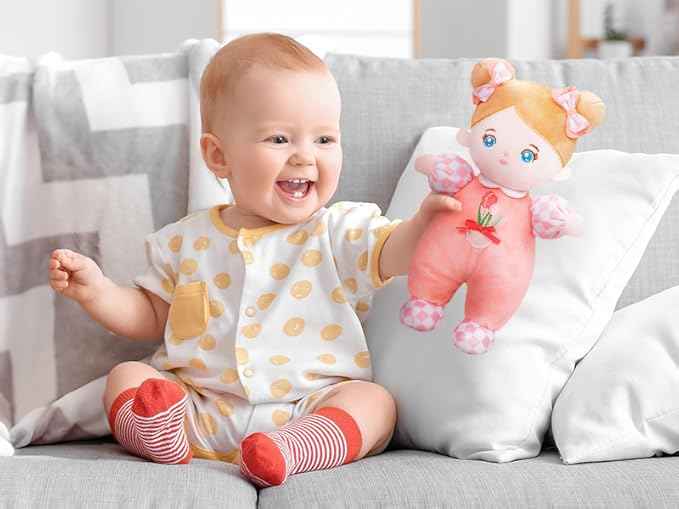 OUOZZZ Soft Baby Doll for 1+ Year Old Girl Gifts - Toys for 1+ Year Old Girl Birthday Christmas Plush Gifts for Toddler Adorable First Doll Tulip Pink 10"