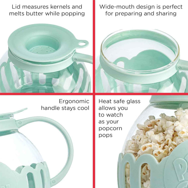 Ecolution Patented Micro-Pop Microwave Popcorn Popper with Temperature Safe Glass, 3-in-1 Lid Measures Kernels and Melts Butter, Made Without BPA, Dishwasher Safe, 1.5-Quart, Aqua