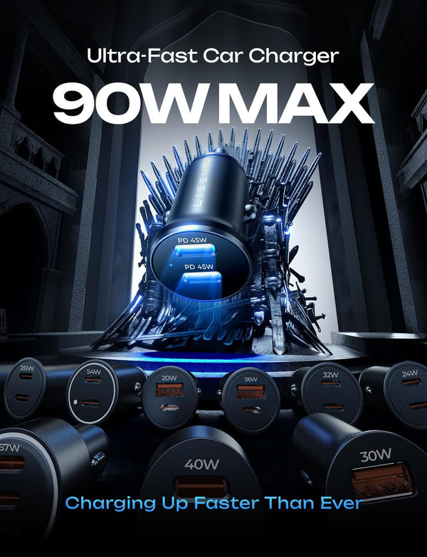 Dual USB-C Car Charger with 90W Power Delivery for iPhone and Samsung