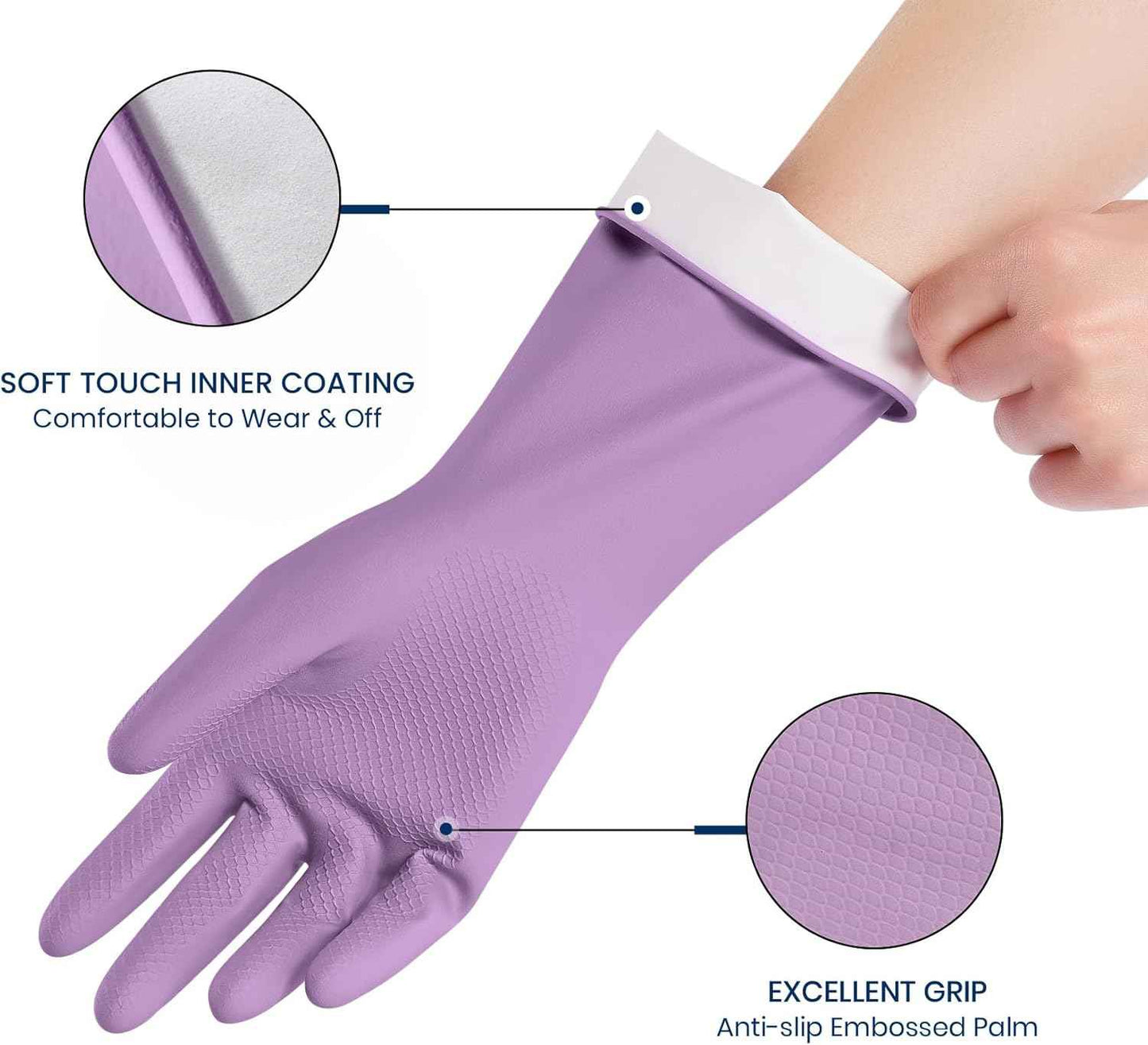 Rubber Cleaning Gloves for Dishwashing, 4 Pairs Reusable Kitchen Gloves for Washing Dishes and Household Cleaning, Colorful Dish Gloves with Flocked Lining and Non-Slip Grip, Pefect for Woman Men - M