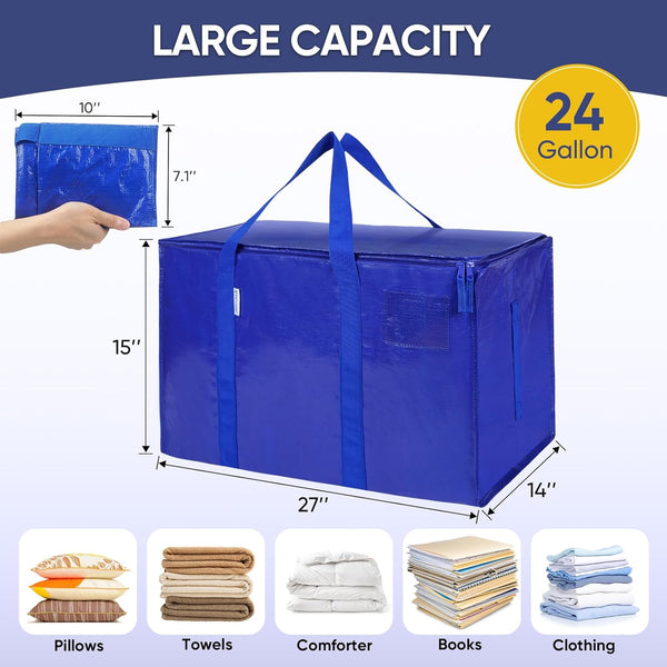 Extra Large Moving Bags with Zippers and Carrying Handles, 6 Pack, Blue