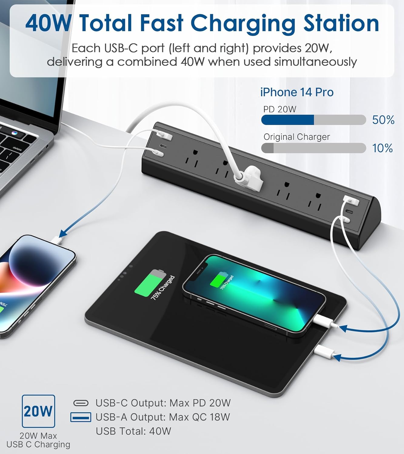 Jgstkcity Desk Clamp Power Strip with USB-C – 5 Outlets & 4 PD 20W Fast Charging Ports, 40W Desk Mount Surge Protector