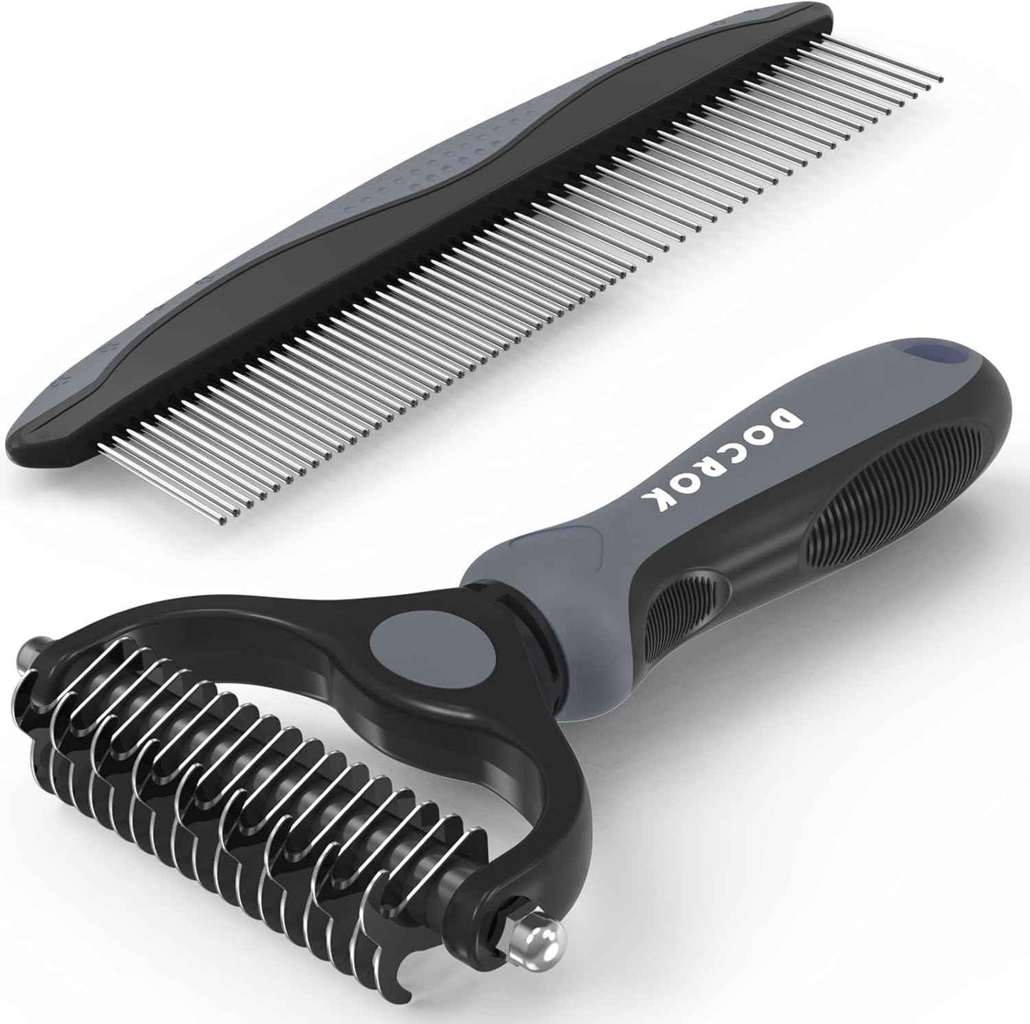 Pet Grooming Combo - Blue Deshedding Brush with Metal Comb for Detangling and Dematting Long, Matted Fur on Cats and Dogs