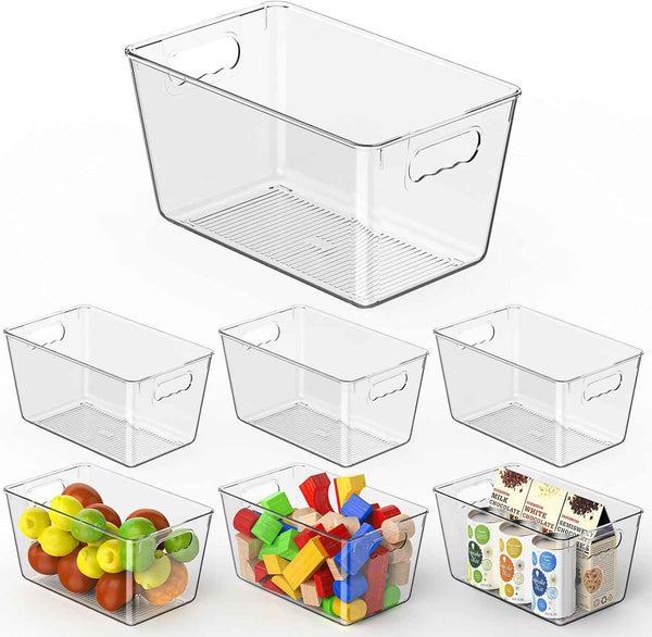 Clear Plastic Storage Bins, 4-Pack Stackable Pantry Organizers and Storage Containers for Kitchen, Fridge, Cabinet and Closet Organization - Home Essentials