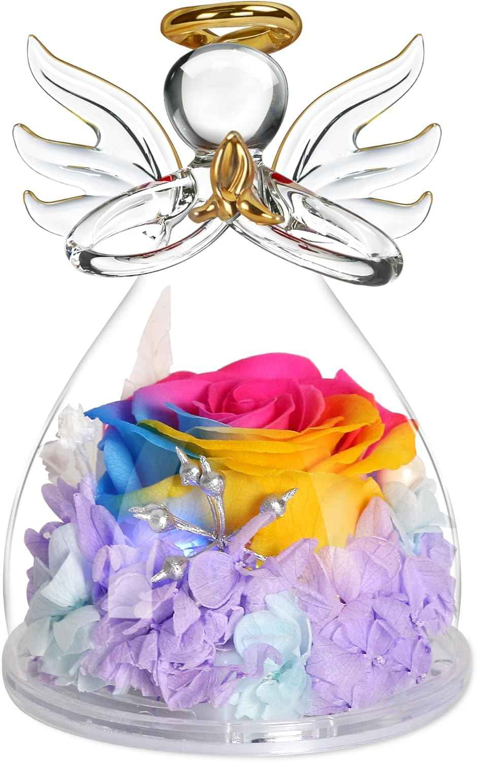 Valentines Day Rose Gifts for Her,Fresh Flowers for Delivery,Birthday Gifts for Women Mom,Preserved Flowers in Glass Angel Figurine,Angel Mothers Day Rose Gift for Mom Grandma,Purple Gift Valentines