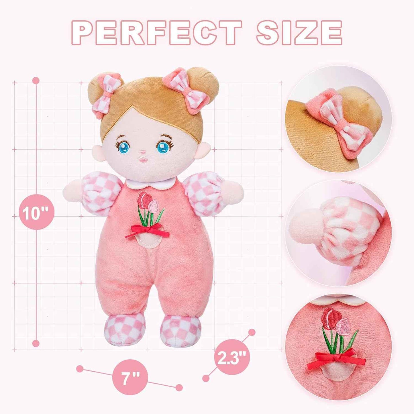 OUOZZZ Soft Baby Doll for 1+ Year Old Girl Gifts - Toys for 1+ Year Old Girl Birthday Christmas Plush Gifts for Toddler Adorable First Doll Tulip Pink 10"