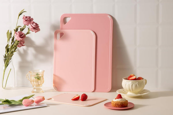 Pink Plastic Cutting Board Set for Kitchen, Dishwasher Safe, BPA Free, Reversible, with Grip Handle