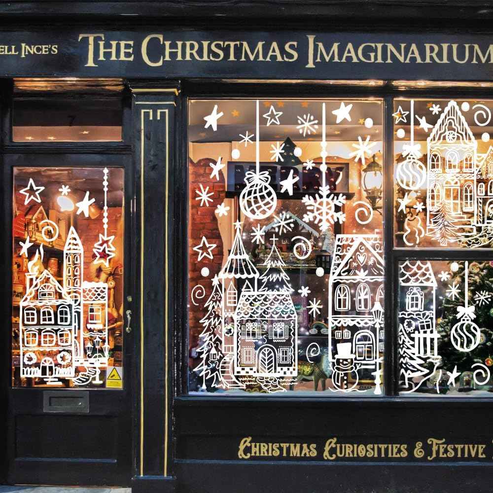 DIYDEC 15.7 * 27.5'' Large Christmas Window Stickers 4 Sheets White House Xmas Window Clings for Glass Decoration Snowman Snowflake Double-Sided Window Decals for Christmas Holiday Party Ornament