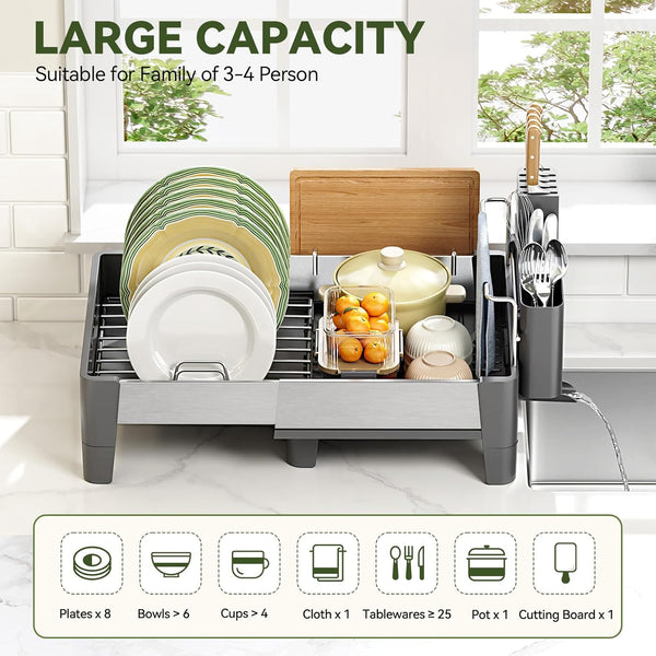 Stainless Steel Expandable Dish Drying Rack with Aluminum Frame