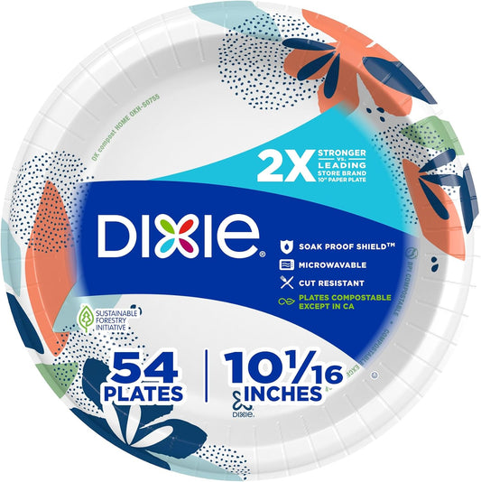 Dixie Large Paper Plates, 10 Inch, 54 Count, 2X Stronger*, Microwave-Safe, Soak-Proof, Cut Resistant, Disposable Plates For Everyday Breakfast, Lunch, & Dinner Meals