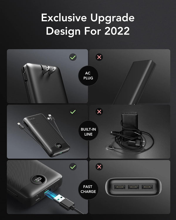 VRURC Portable Charger 20000mAh, Fast Charging Power Bank USB C,4 Output 2 Input Travel Essentials Charging Bank Equipped with LED Display,Built-in Wall Plug and Cables,Phone Charger Battery,Black