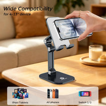 Phone Stand, Cell Phone Stand Holder for Desk Office Accessories Adjustable Height and Angle Foldable iPhone Stand Compatible with 4"-13" Phones iPad Tablet - Black