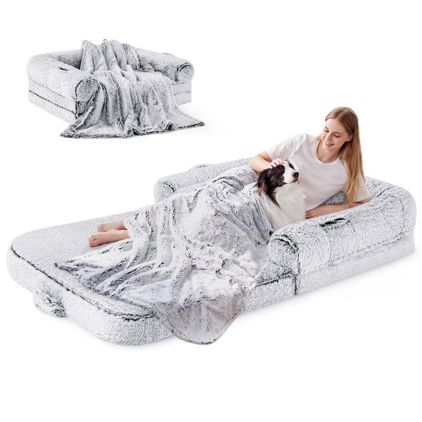 grey human dog bed for adults with egg foam supportive mat and faux fur