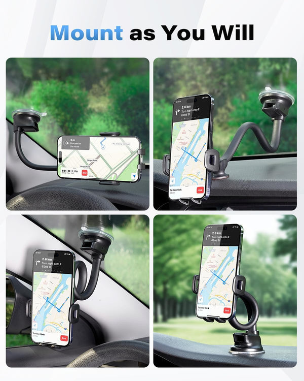 Solid Car Truck Phone Mount Holder with 14-Inch Gooseneck Long Arm, Windshield Window Mobile Holders w/Industrial-Strength Suction Cup, Anti-Shake Stabilizer Compatible All Cell Phones iPhone