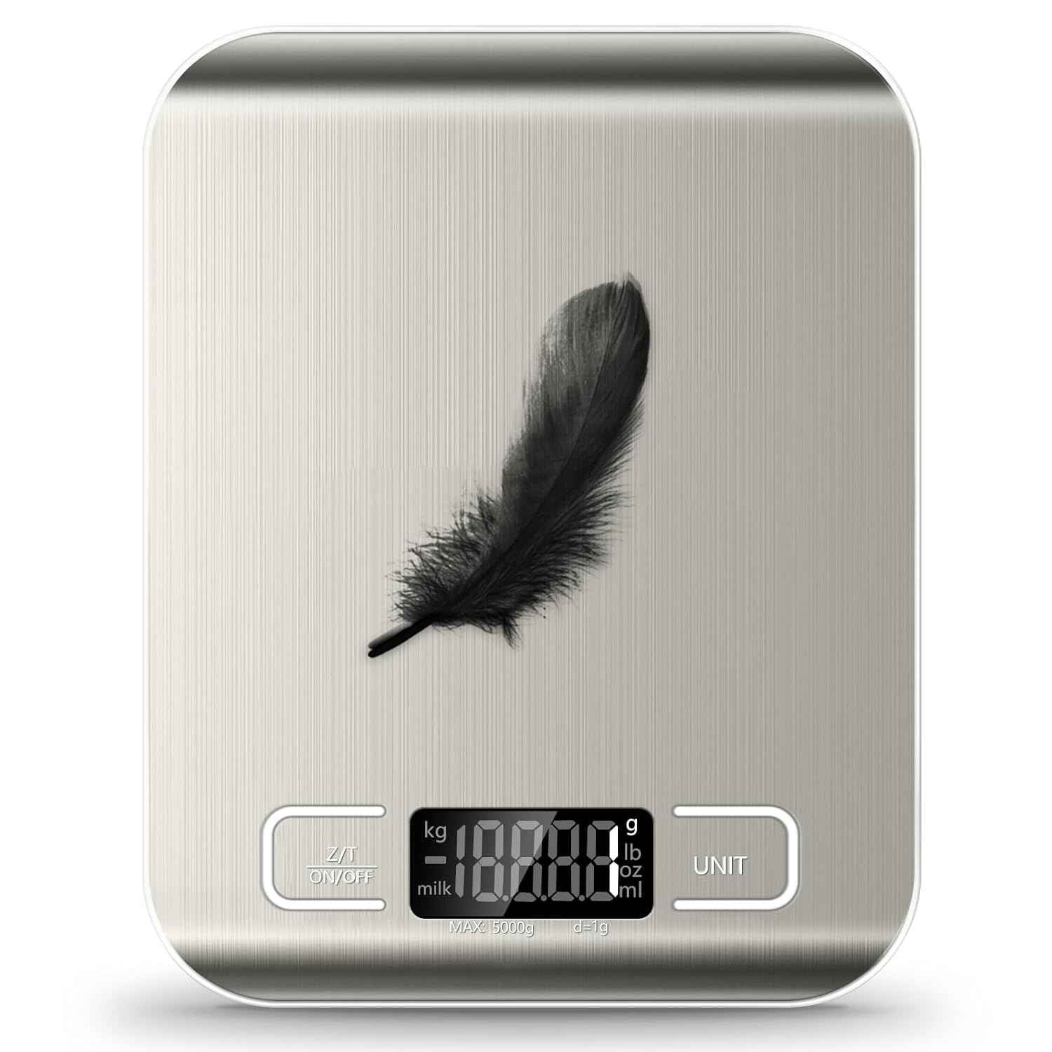 Food Scale, 11lb Kitchen Scale with 6 Units Tare Function & LCD Display, 0.05oz/1g Stainless Steel Digital Food Scale Grams and Ounces for Baking, Cooking, Dieting and Meal Prep (Batteries Included)