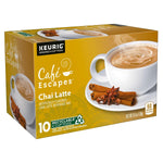 Café Escapes Chai Latte single-serve K-cup pods in 60 count box, low caffeine, contains milk, black tea and spices
