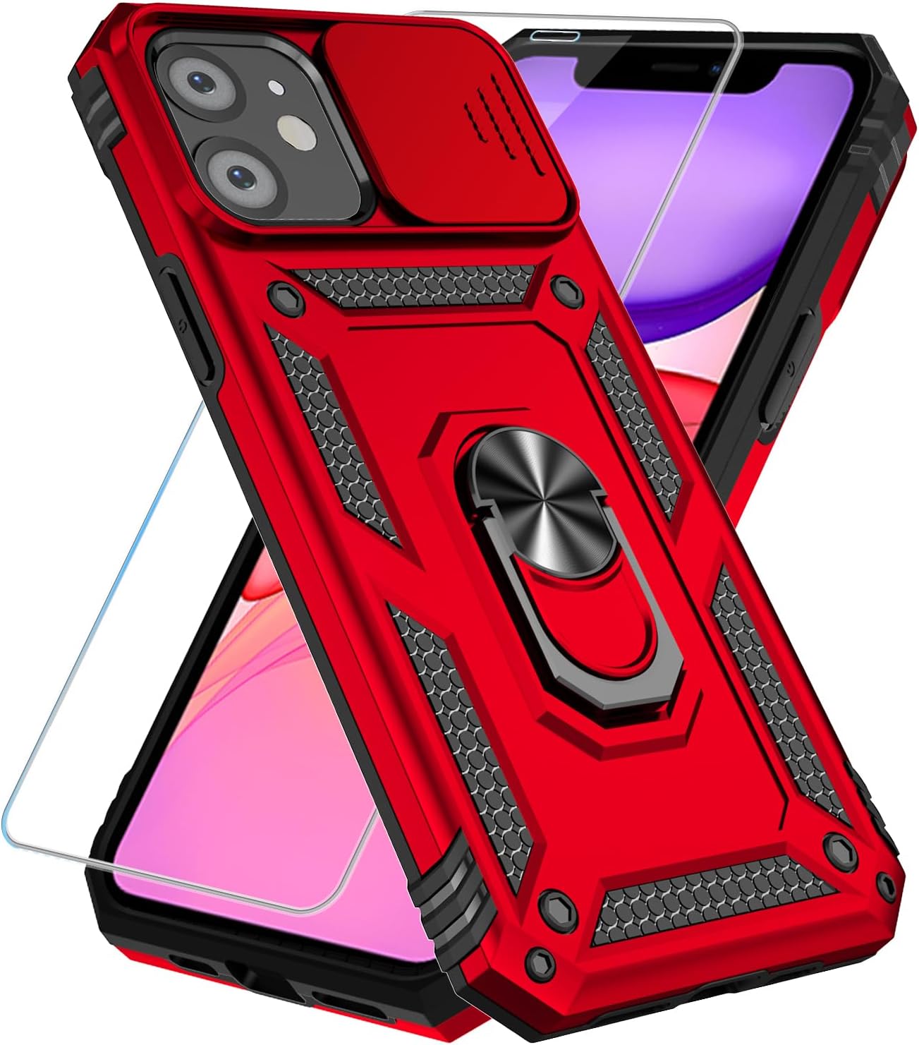 SunStory Phone Case for iPhone 16 6.1" with HD Screen Protector | Slide Camera Cover | Rotated Ring Kickstand | Military-Grade Protection | Red