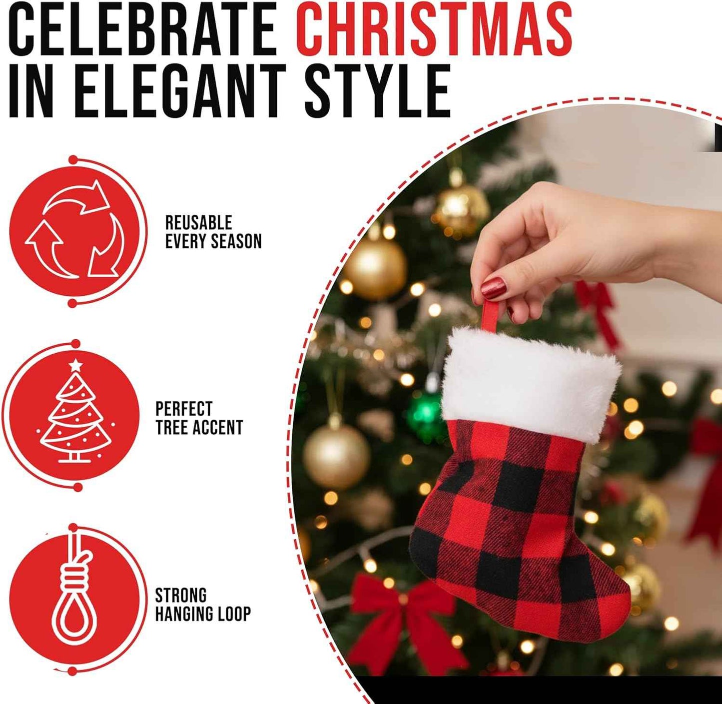 Iconikal 24-Pack Mini Christmas Stockings, 6-Inch, Red Buffalo Plaid Decoration Ornament