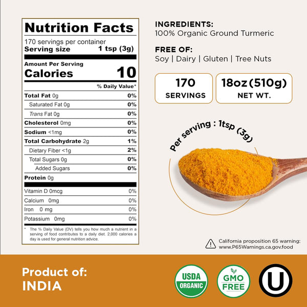 USDA Organic Turmeric Powder - Non-GMO, Kosher, Lab Tested - Chef Jar, Sustainably Grown, 18 oz, HQOExpress, Legacy Brand Since 1977