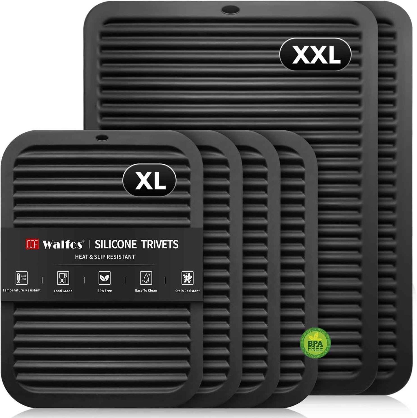 Walfos Silicone Trivet Mats - 4 Heat Resistant Pot Holders, Multipurpose Non-Slip Hot Pads for Kitchen Potholders, Hot Dishers, Jar Opener, Spoon Holder, Food Grade Silicone & BPA Free (Black)