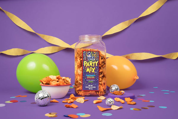 Utz Party Mix snack mix includes corn tortillas, pretzels, and cheese curls, 1.62 pounds, resealable container