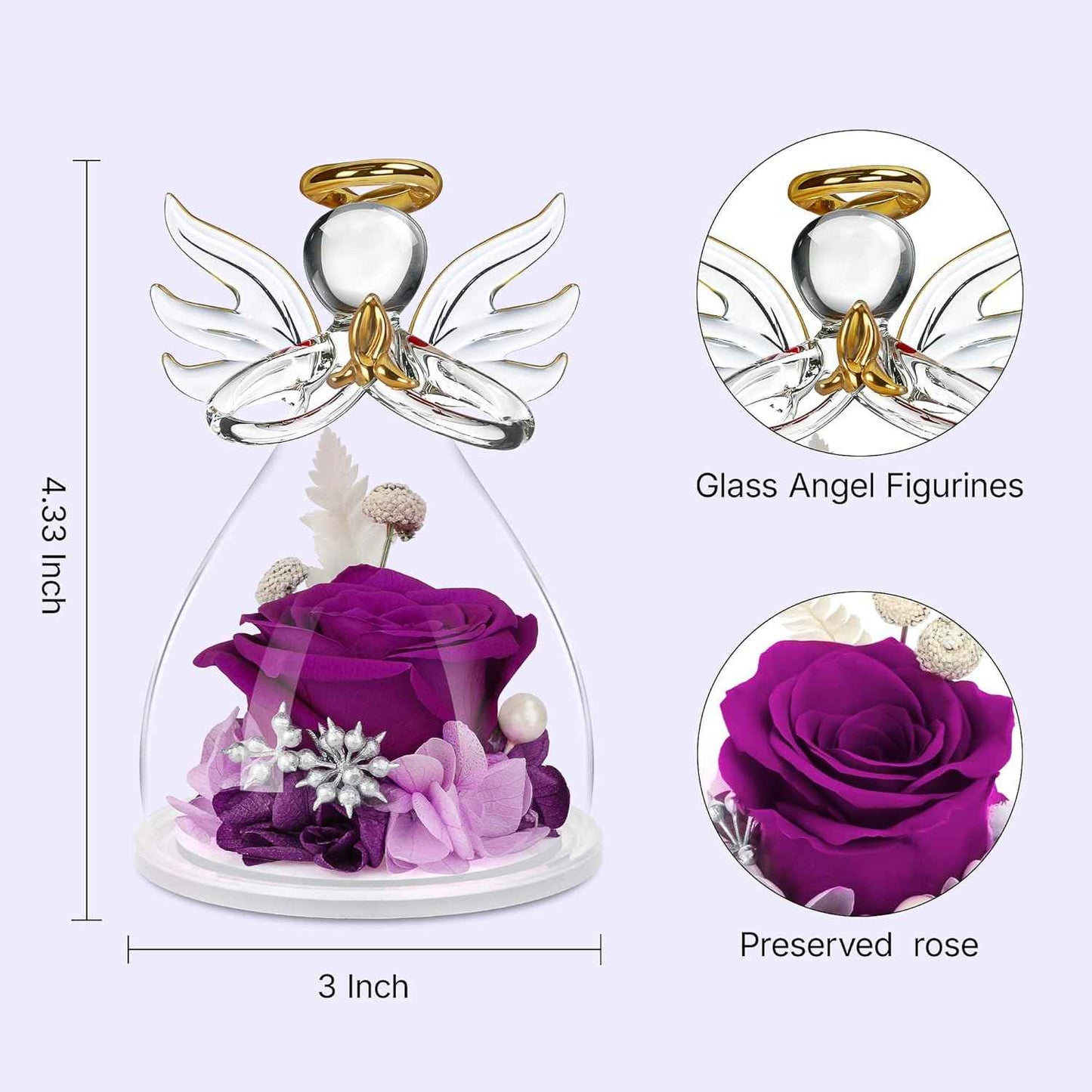 Valentines Day Rose Gifts for Her,Fresh Flowers for Delivery,Birthday Gifts for Women Mom,Preserved Flowers in Glass Angel Figurine,Angel Mothers Day Rose Gift for Mom Grandma,Purple Gift Valentines
