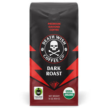 Death Wish Coffee Dark Roast Ground Coffee, 16 oz, Organic, Fair Trade, Bold, Smooth, Low Acidity