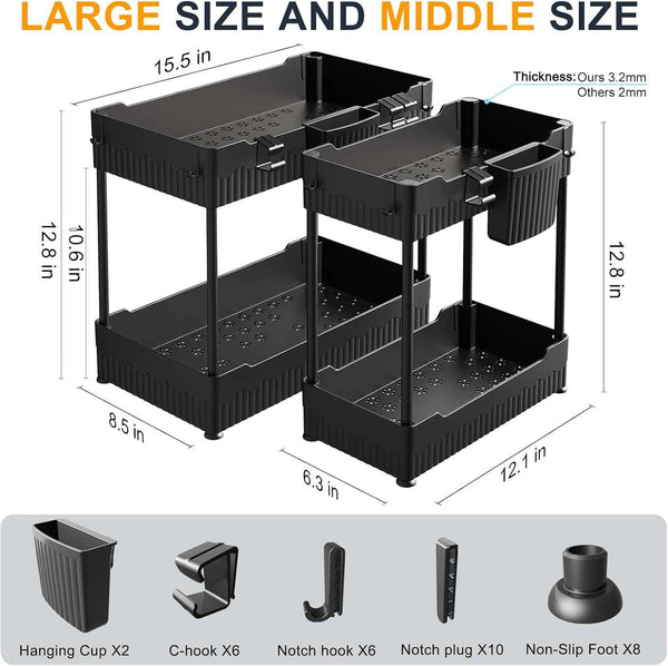 2 Pack Under Sink Organizer, Under Bathroom Cabinet Organizer with Hooks Hanging Cup, Multi-Purpose Storage Shelf for Kitchen Bathroom, Black