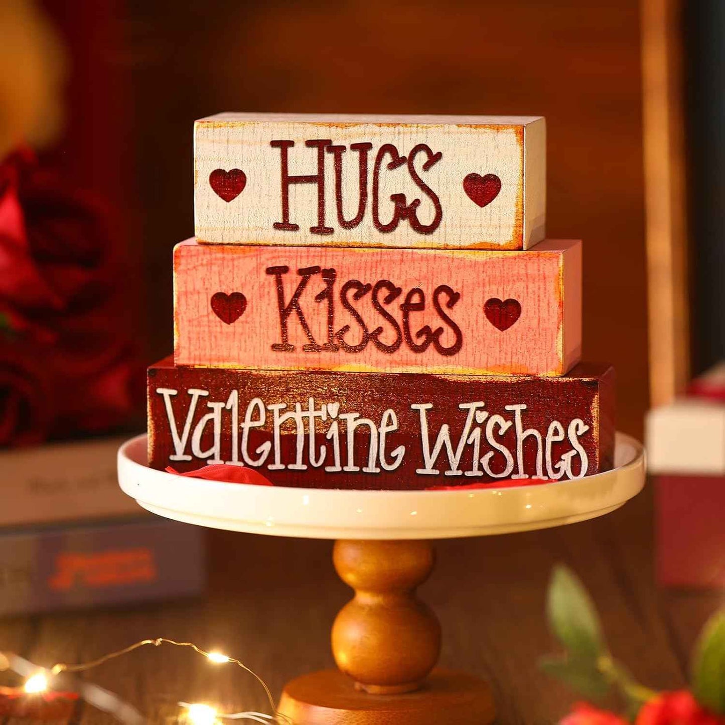 3 Pcs Valentine Table Decoration Signs Tiered Tray Valentine Wooden Love Blocks Heart Wood Freestanding Decor for Farmhouse Centerpiece Wedding Gift(Classic Style)