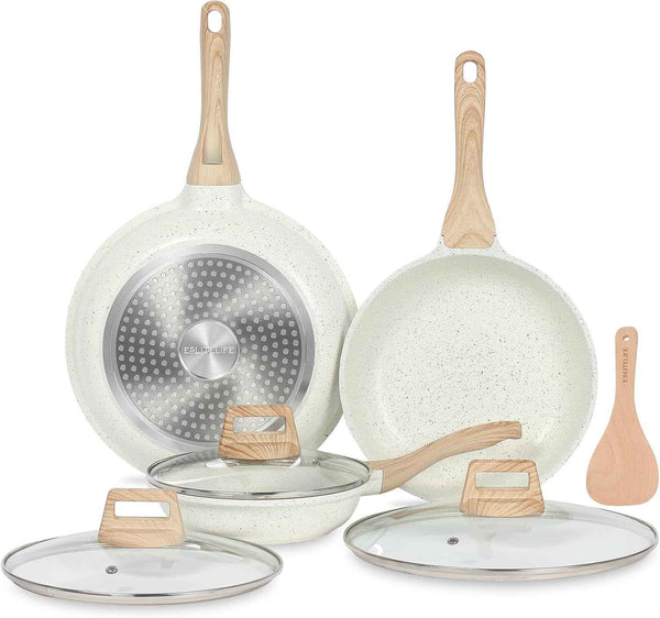 ESLITE LIFE Nonstick Ceramic Frying Pan Skillet, Non-Toxic Egg Omelette Kitchen Cooking Pans Compatible with All Stovetops (Gas, Electric & Induction), PTFE & PFOA Free (White, 8'')
