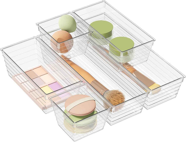 DCA 6 Pack Clear Acrylic Drawer Organizer Trays for Makeup Cosmetics Utensils Office Storage Bins