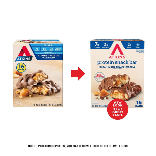 Atkins Caramel Chocolate Nut Roll Snack Bar, 16 Count, 1.55oz Bars