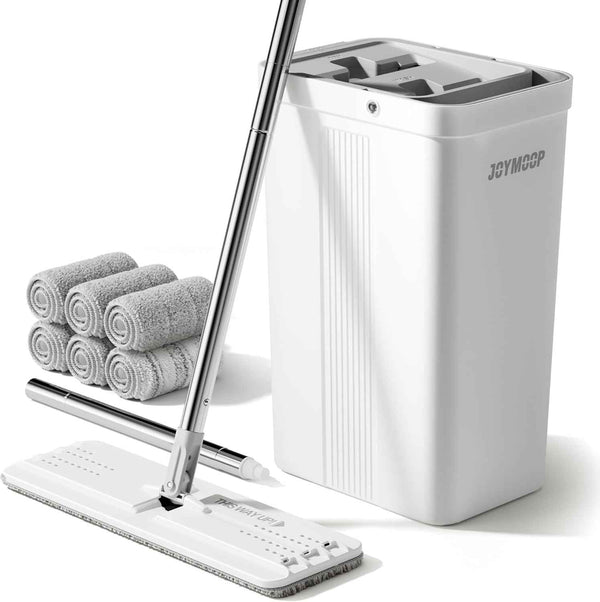 JOYMOOP Mop and Bucket Set with Wringer, Flat Mops for Floor Cleaning, Wall Mop Cleaner with Long Handle, Hardwood Floor Mop with 4 Microfiber Pads