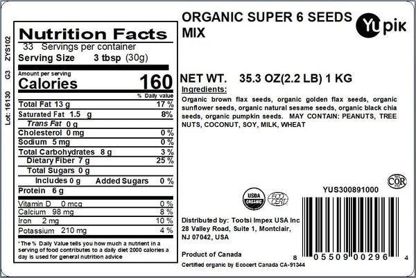 Yupik Organic Super 6 Seeds Mix, 2.2 lb (35.2 oz), GMO-Free, Kosher, Vegan, Rich in Fiber, Nutritious Raw Snack & Topping, With Brown & Golden Flax Seeds, Sunflower, Sesame, Chia & Pumpkin