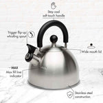 Primula Stewart Whistling Stovetop Tea Kettle, 1.5-Quart, Food Grade Stainless Steel, Hot Water Fast, Cool Touch Folding Handle, Black