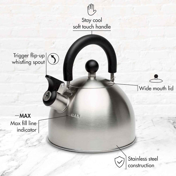 Primula Stewart Whistling Stovetop Tea Kettle, 1.5-Quart, Food Grade Stainless Steel, Hot Water Fast, Cool Touch Folding Handle, Black