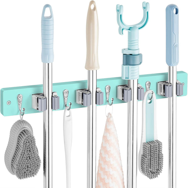 Mop and Broom Holder Wall Mount - Rustic Wood Broom Mop Hanger - Wall Mounted Garden Tool Rack Organizer for Closet Garage Laundry Room Kitchen Decor With 4 Slots & 4 Hooks - Rayz Mart